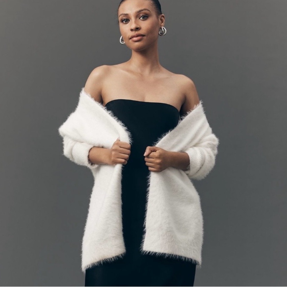 Anthropologie Off-the-Shoulder Fuzzy White Open Cardigan